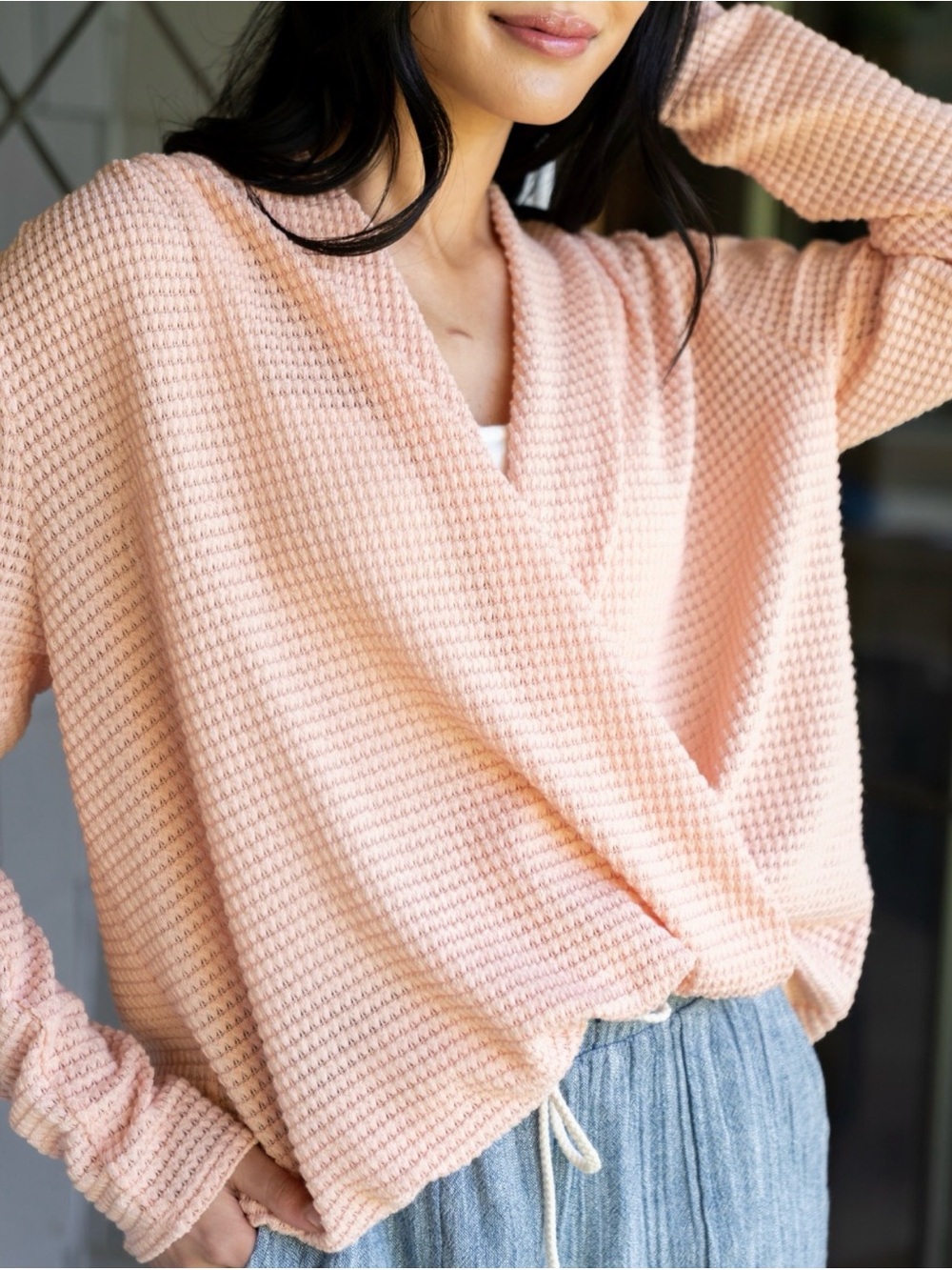 Boutique Women’s Soft Pink Waffle Knit V-Neck Faux Wrap Top